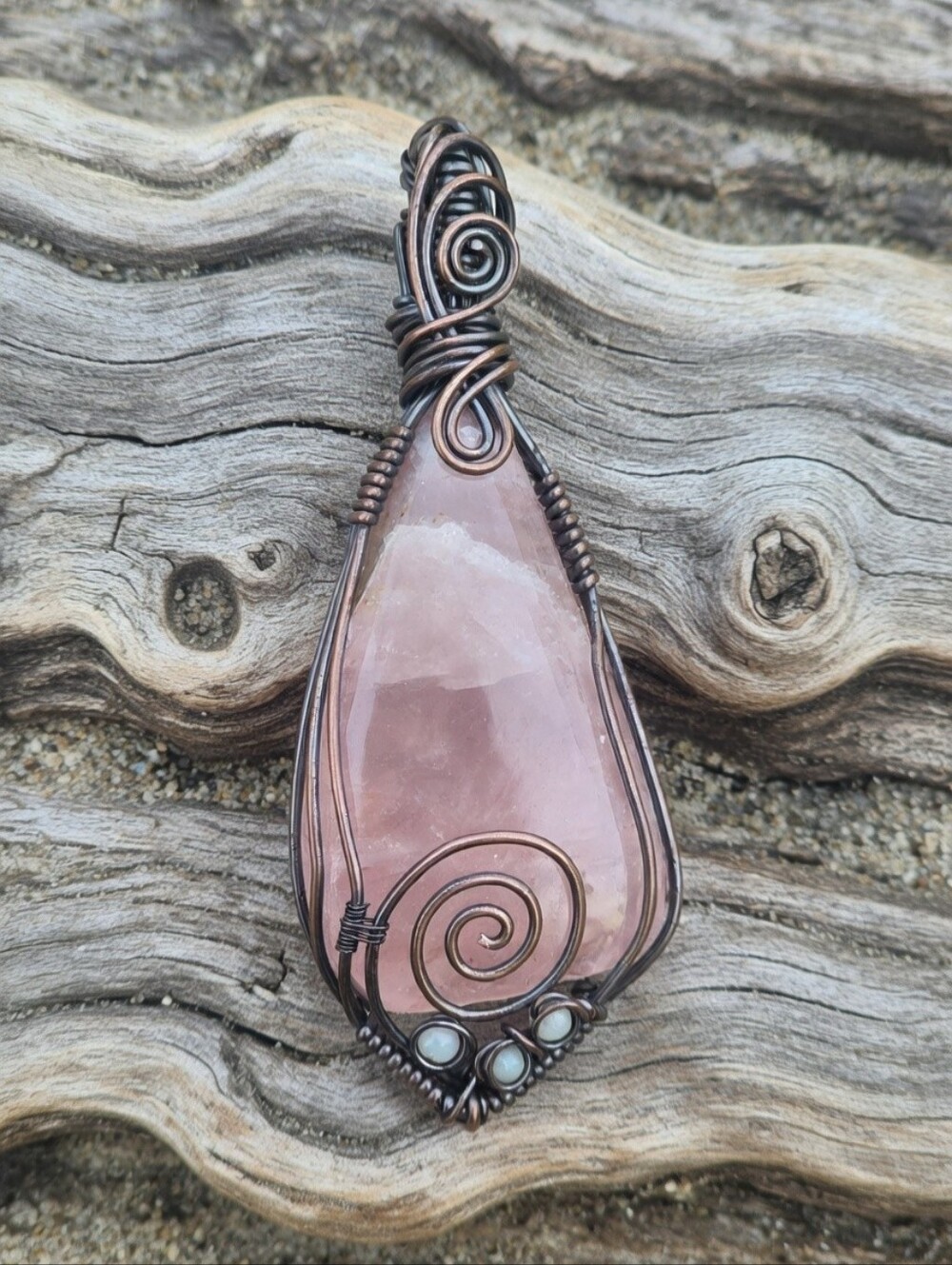Rose Quartz Wire Wrap Pendant With Amazonite Accents